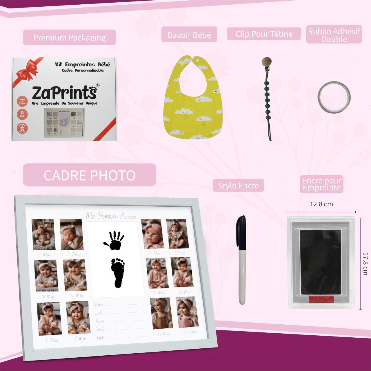 Cadre Photo Souvenir de la Première Année Bébé - 12 photos Pêle Mêle - Kit Empreinte Bébé - Cadeau Naissance Personnalisé - Décoration Cadre Chambre Bebe - Coffret Cadeau- En Français