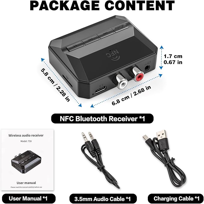 Receptor Bluetooth 5.3 con NFC, entrada RCA/AUX 3.5mm, USB y TF miniatura 7