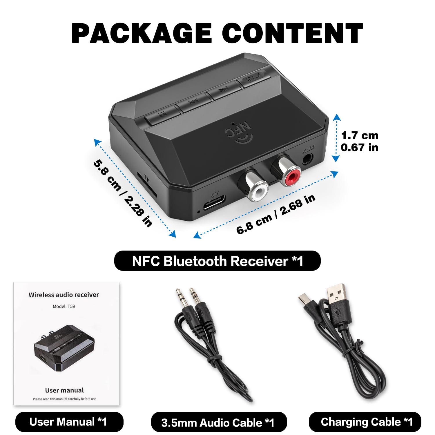Receptor Bluetooth, adaptador de audio inalámbrico con Bluetooth 5.3 | Salida de tarjeta TF/RCA habilitada para NFC/3.5 mm AUX USB/TF, control de volumen/pista para altavoces estéreo domésticos