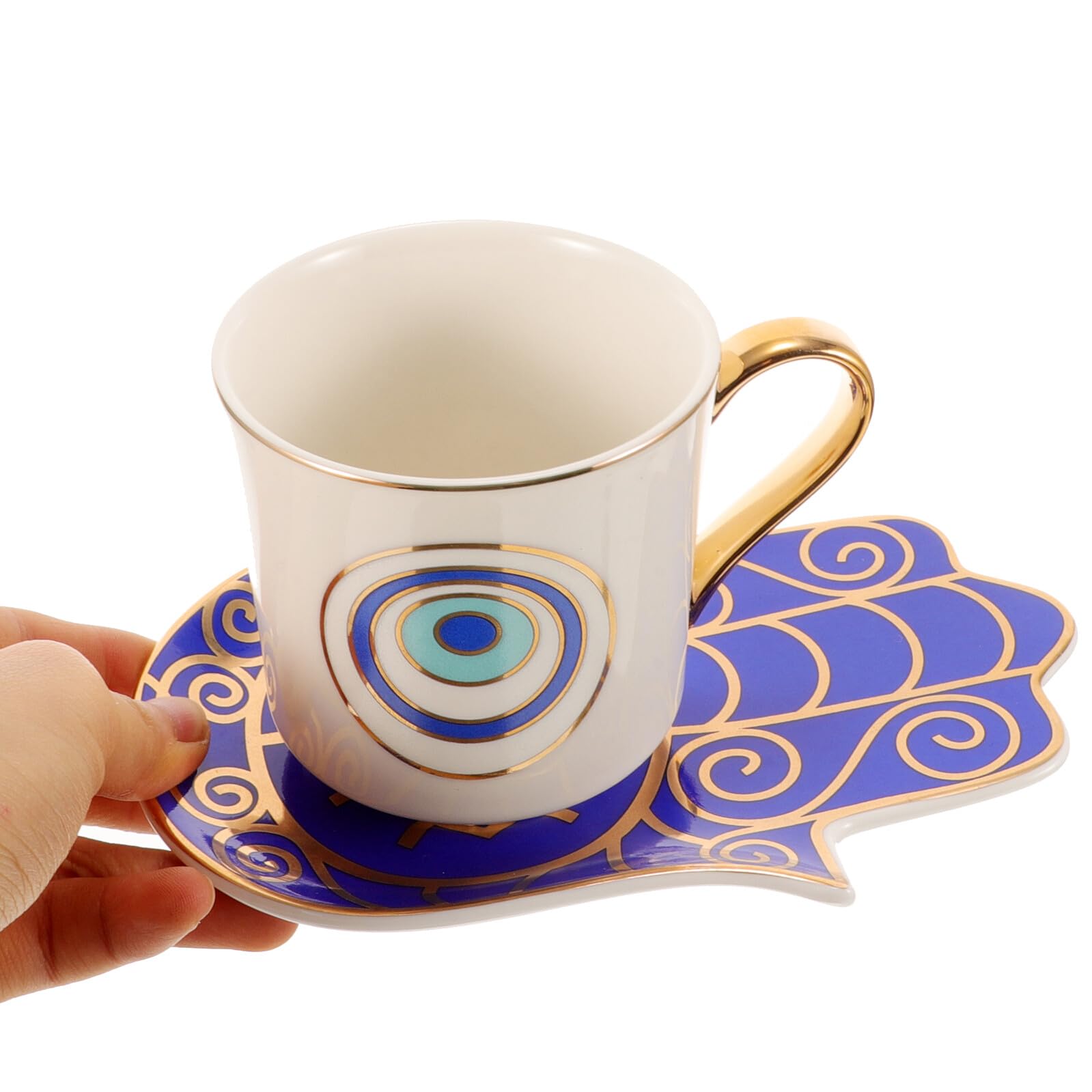 Veemoon 2 Sätze Türkische Espressotasse Set mit Blauem Auge Keramische Kaffeetassen und Untertassen Vintage Design Spülmaschinenfest für Kaffee Tee Milch und Wasser Stilvoll und Griffig