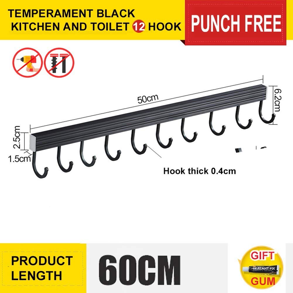 Barra Porta Utensili da Cucina Alluminio con 12 Ganci Mobili Barra Portamestoli Cucina Binario Cucina Portautensili Carico 20kg,60cm,nero