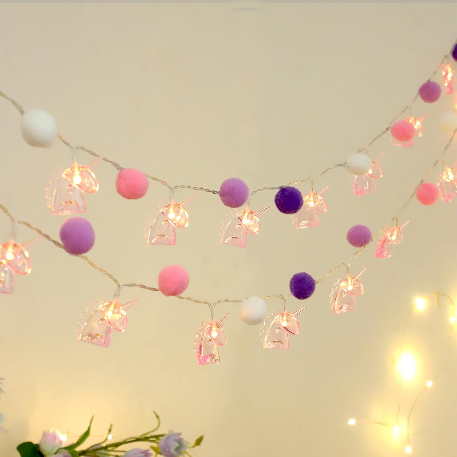 9.85FT Unicorn Decor String Lights with 20 Cute PomPoms 20 Pink Unicorn LED Lights Battery Operated with Timer Decor for Kids Bedroom Birthday Party Kids Playhouse Christmas Home Room Decorations