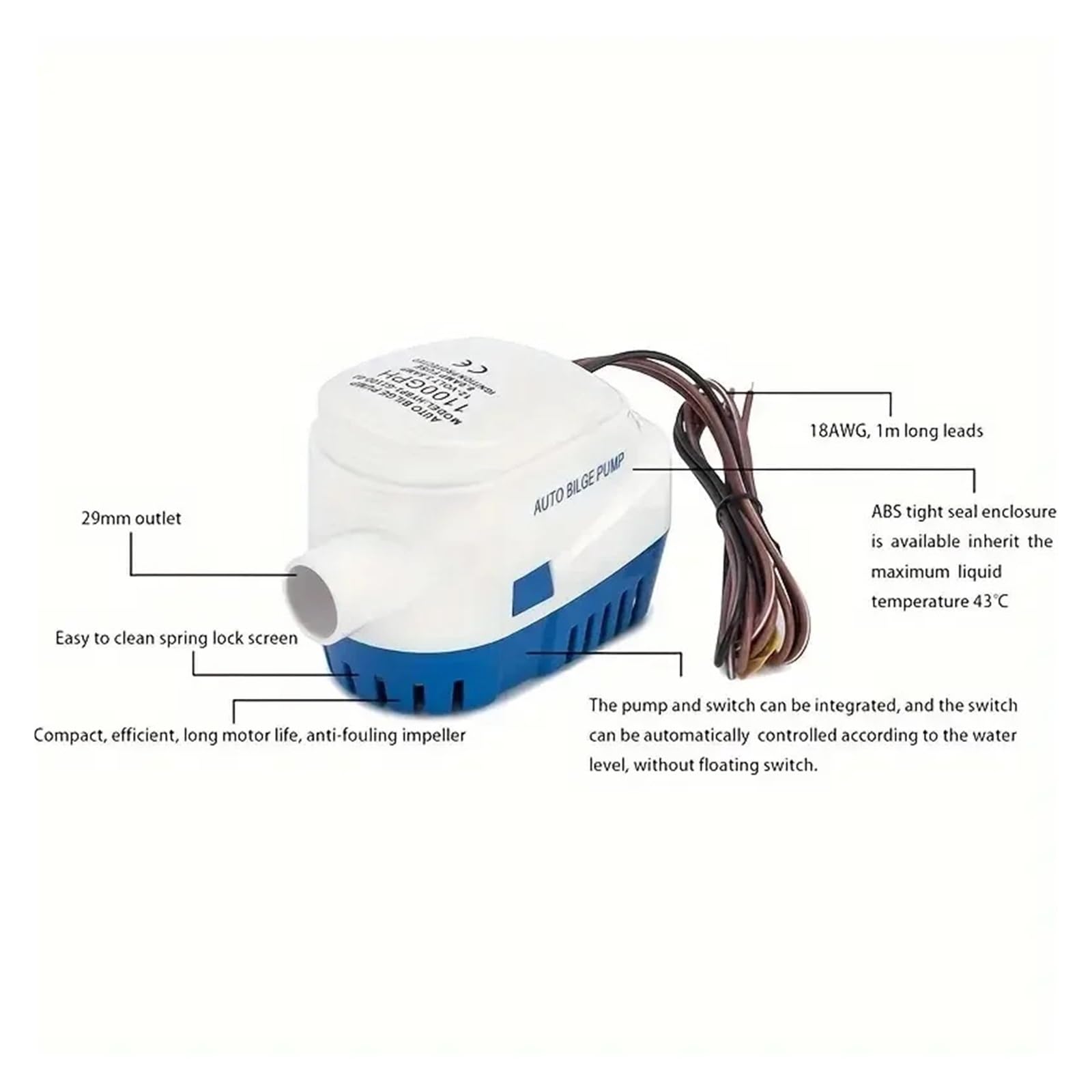 1pc 12V 24V Pompa sommergibile automatica for acqua di sentina for barche Ultimi stili 1100GPH Interruttore a galleggiante automatico incorporato (750GPH)(24V 1100GPH)
