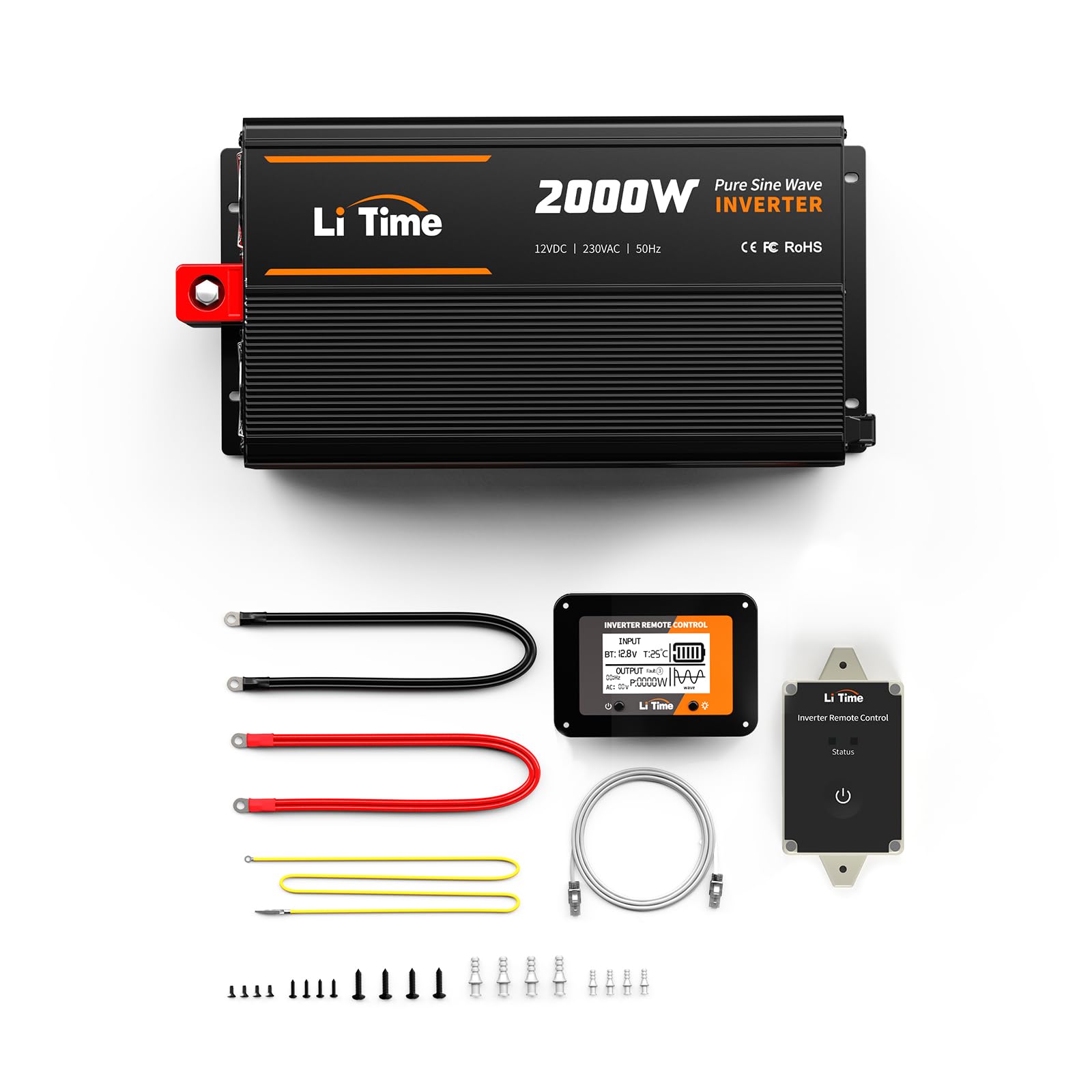 LiTime 2000W Inverter a Onda Sinusoidale Pura, Inverter con Prese di Corrente 2*AC, Schermo di Monitoraggio per lo Stato in Tempo Reale, Convertitore da 12VDC a 230VAC, per Caravanning