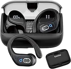 Basike Fone de Ouvido Sem Fio Esportivo BLuetooth 5.3 TWS,Tela LED Dupla, 3 Tamanhos Tampões Ouvido Intercambiáveis, Suporta chamadas de voz, adequadas para Android e IOS (Preto)