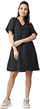 POPWI1NGS Casual Printed V-Neck Short Sleeves Knee-Length Fit and Flare Dress for Women || Frokc-Style Summer Wear Dresses for Women || Loose-Fit Comfortable Women Dress for Regular Wear