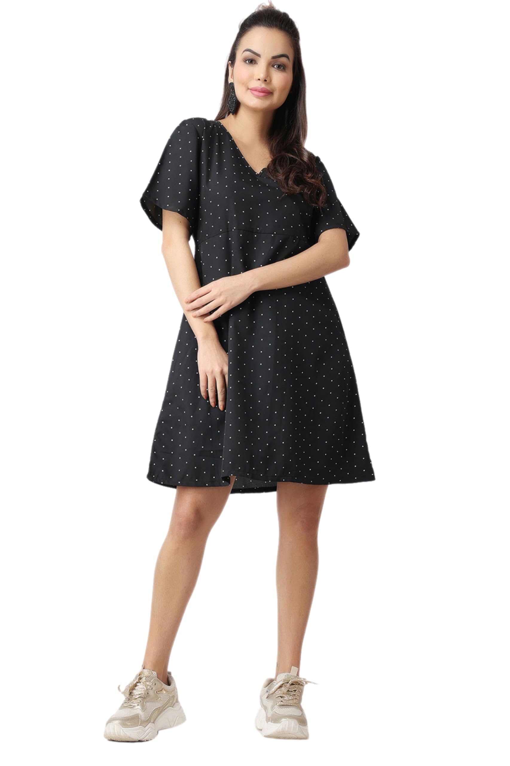 Popwi1Ngs Casual Printed V-Neck Short Sleeves Knee-Length Fit And Flare Dress For Women || Frokc-Style Summer Wear Dresses For Women || Loose-Fit Comfortable Women Dress For Regular Wear Black