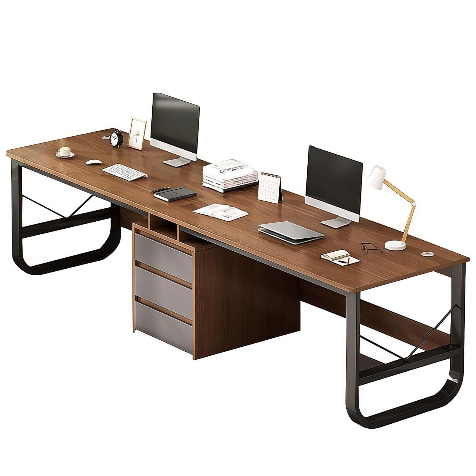 Scrivania per computer, doppia postazione di lavoro con cassetti, in legno, moderna, doppia scrivania per ufficio, scrivania per computer per casa e ufficio (colore noce, 200 cm)