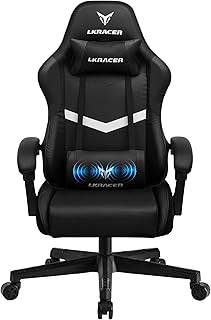 GTPLAYER Gaming Stuhl Bürostuhl Massage Gaming Sessel Ergonomischer Gamer Stuhl, Kopfstütze Massage-Lendenkissen, Gepolstert Gaming Chair, Drehsessel 150KG, Schwarz