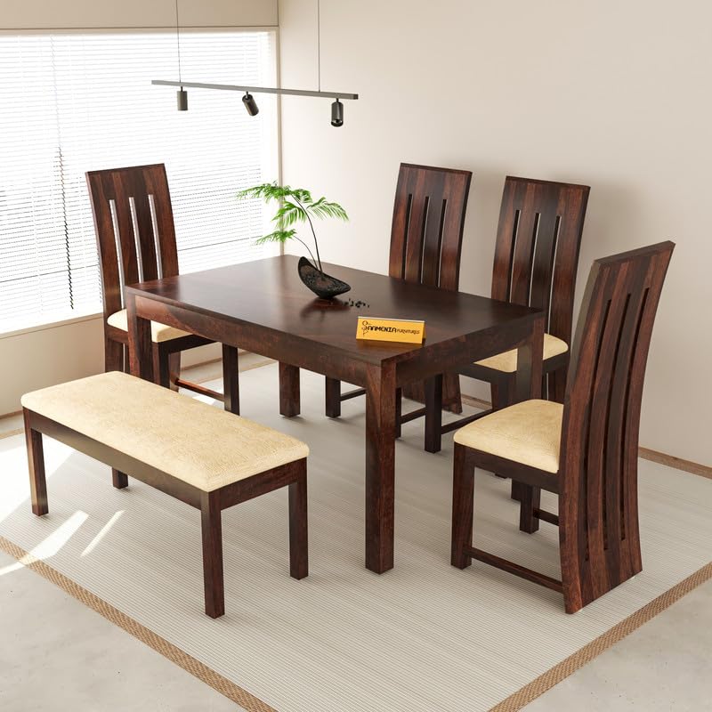 Image of Solid Sheesham Wood Dining Room Sets 6 Seater Dining Table with 4 Chairs & 1 Bench for Dining Room, Living Room, Restaurant, Cafeteria (Zinor, Walnut Finish)