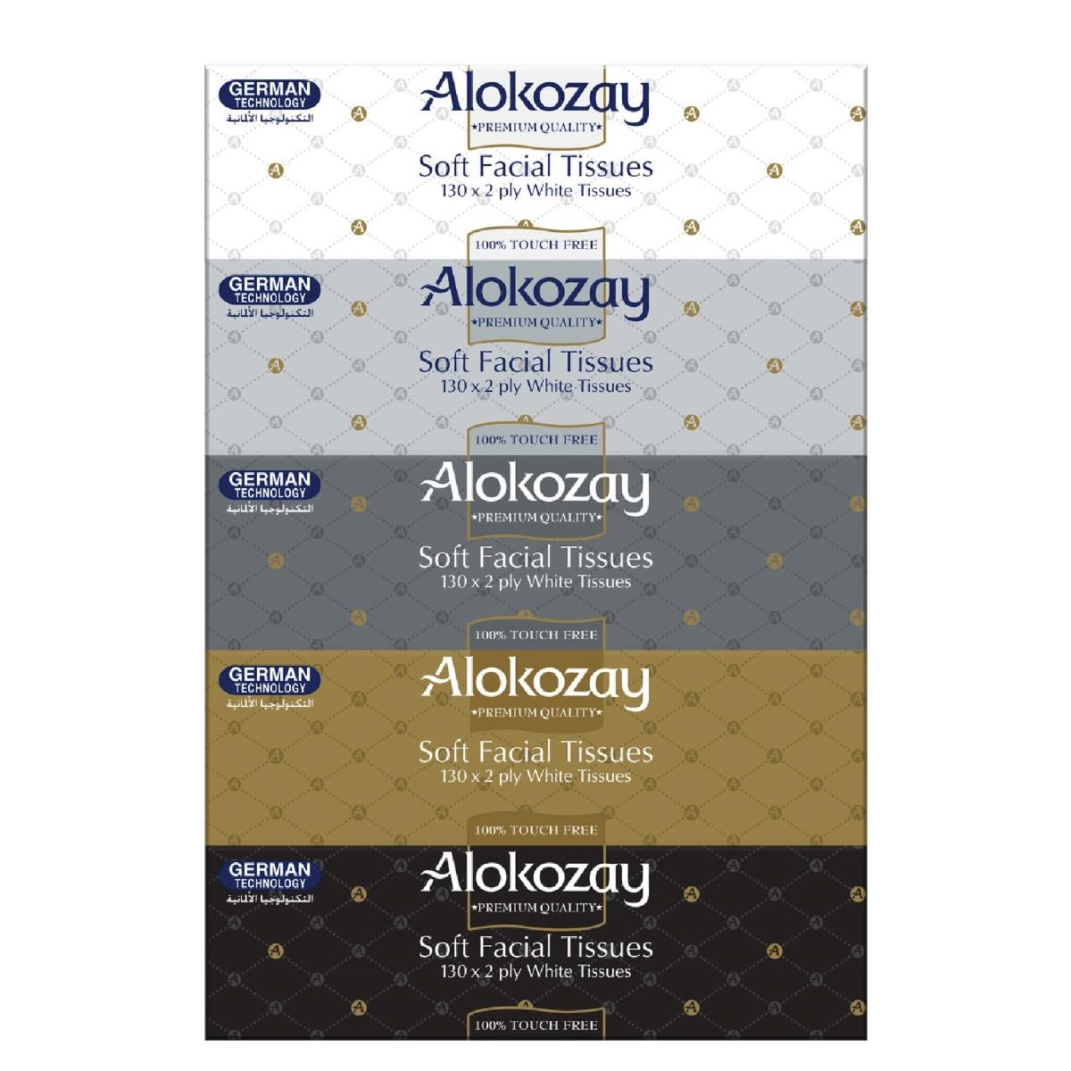 Alokozay Soft Facial Tissues, 130 Sheets x 2 Ply White Tissues, Pack of 5 Boxes