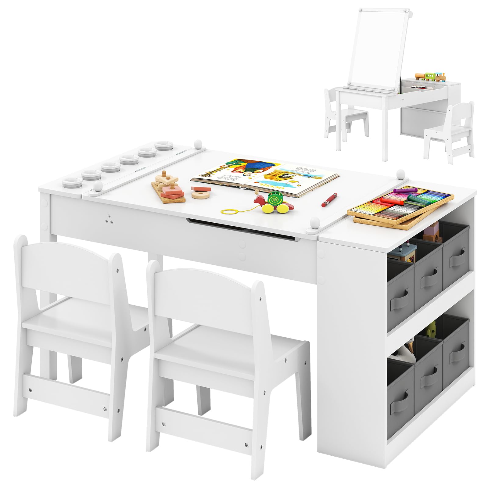 RELAX4LIFE Set Tavolino da Disegno e Sedie per Bambini, Scrivania con Piano Sollevabile, Rotolo di Carta, 6 Barattoli di Vernice e 6 Ceste di Tessuto, Tavolo Attività per Studio e Disegno (Bianco)