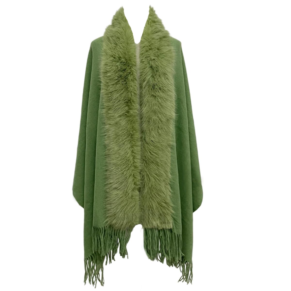 Axcent Comfort Cosy Faux Fur Trim Tasselled Shawl for Women Soft Warm Elegant Winter Wrap Stylish Poncho Scarf Luxury Fur Edge Lightweight Polyester Fashion Shawl for Casual Party (Green, 70x180cm)