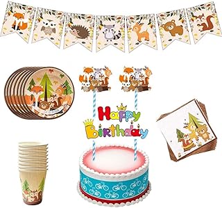 JAHEMU Happy Birthday Cake Topper Animali della Giungla Compleanno Decorazione della Tavola, Inclusi Striscioni, Piatti, Bicchieri, Bambini Compleanno Articoli
