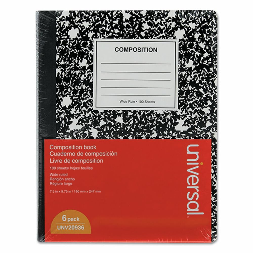Universal 20946 Cahier de composition, règle universitaire, 9 3/4 x 7 1/2, blanc, 100 feuilles, 6/paquet