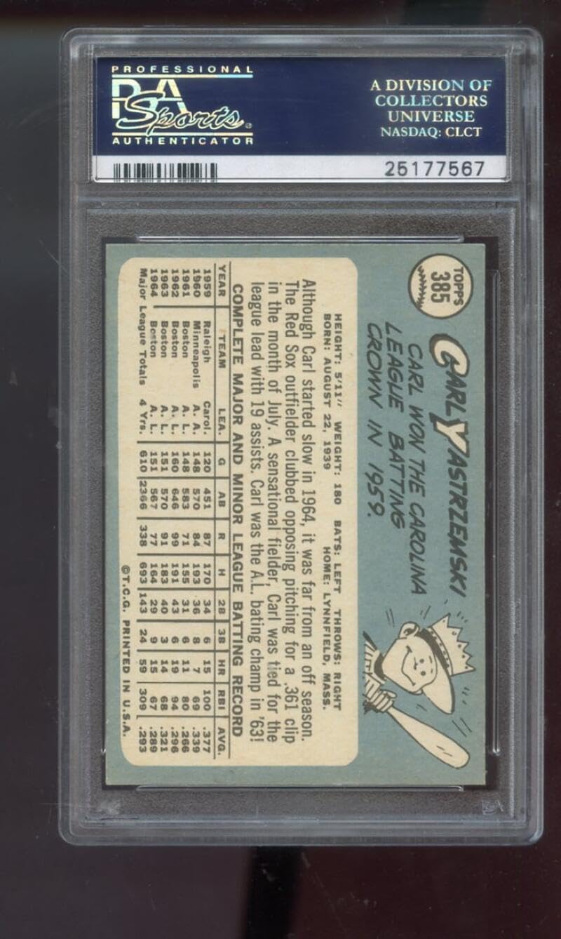 1965 Topps #385 Carl Yastrzemski Boston Red Sox EX-MT PSA 6 Graded Baseball Card