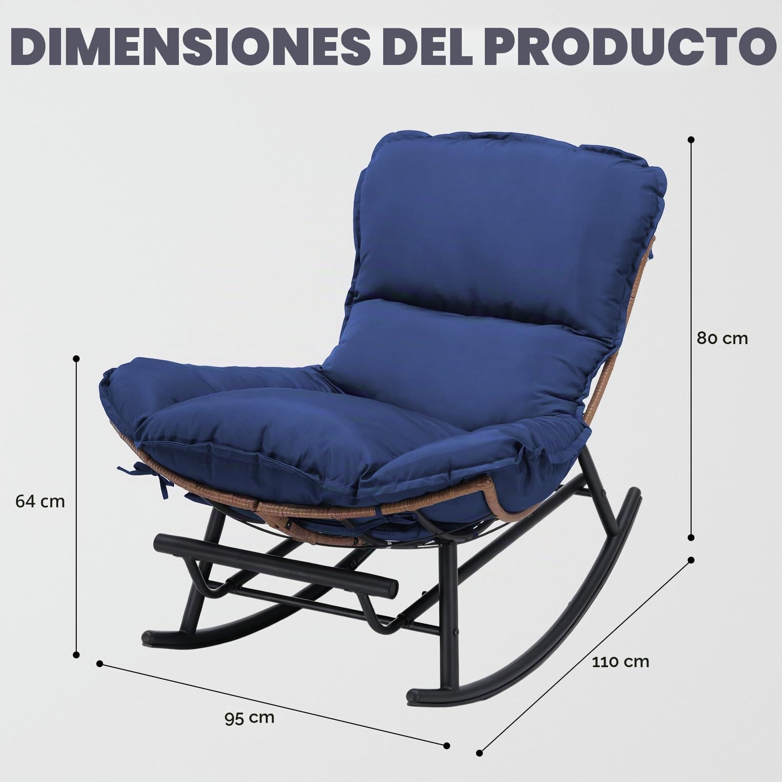 COMHOMA Mecedora, sillón de Relax, Estructura de Acero, reposapiés Extensible, cojín extraíble, soporta hasta 136 kg, Dormitorio, salón, terraza, jardín, Azul