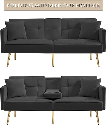 Miniatura 4 de SEVENWOOD Sofá cama futón de terciopelo con soporte para tazas, cama de dos plazas pequeña de terciopelo, moderno sofá cama plegable con 2 almohadas
