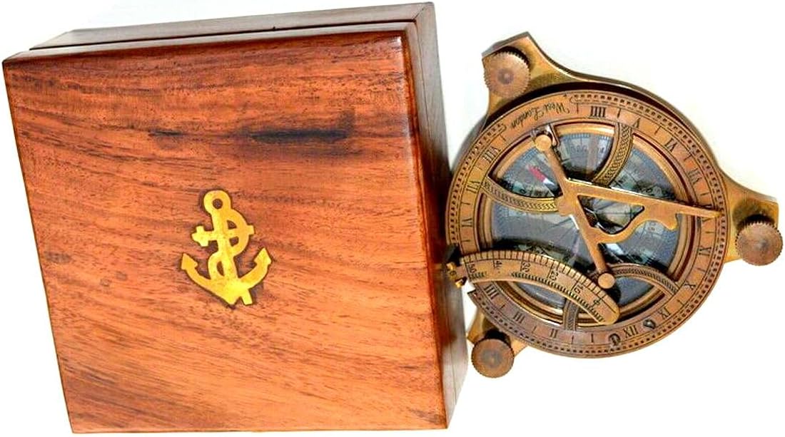 Brass Vintage Compass Antique Maritime 4" Inch Brown Antique & Red Sundial Compass Collectible with Wooden Box
