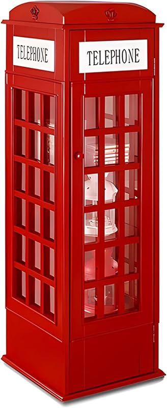 Telephone Booth 5-Tier Wooden Bookcase Freestanding CD Storage Cabinet Living Room Display Bookshelf with Front Door, 44.5" H x 14.4" W x 14.4" D (Red)