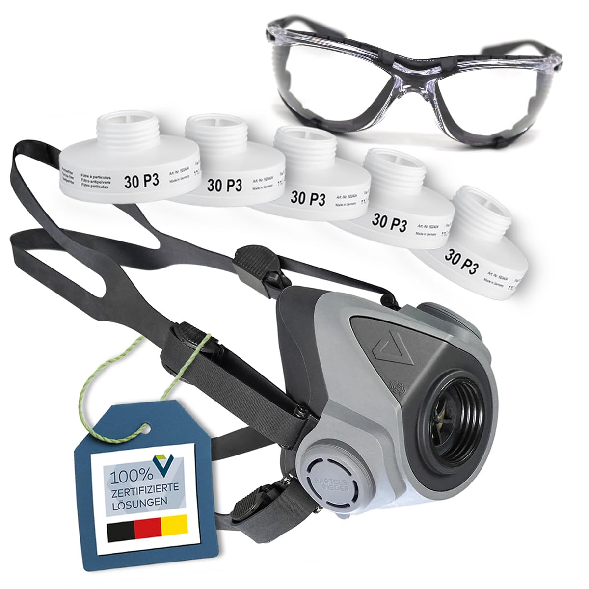 Atemschutz-Set mit Silikon Halbmaske BariMask HF + 5x P3 Schraubfilter | Wiederverwendbare Silikon Atemschutzmaske gegen Feinstaub, Rauch, Schimmel, Partikel. Set inkl. 5 Filter 30P3 & Schutzbrille