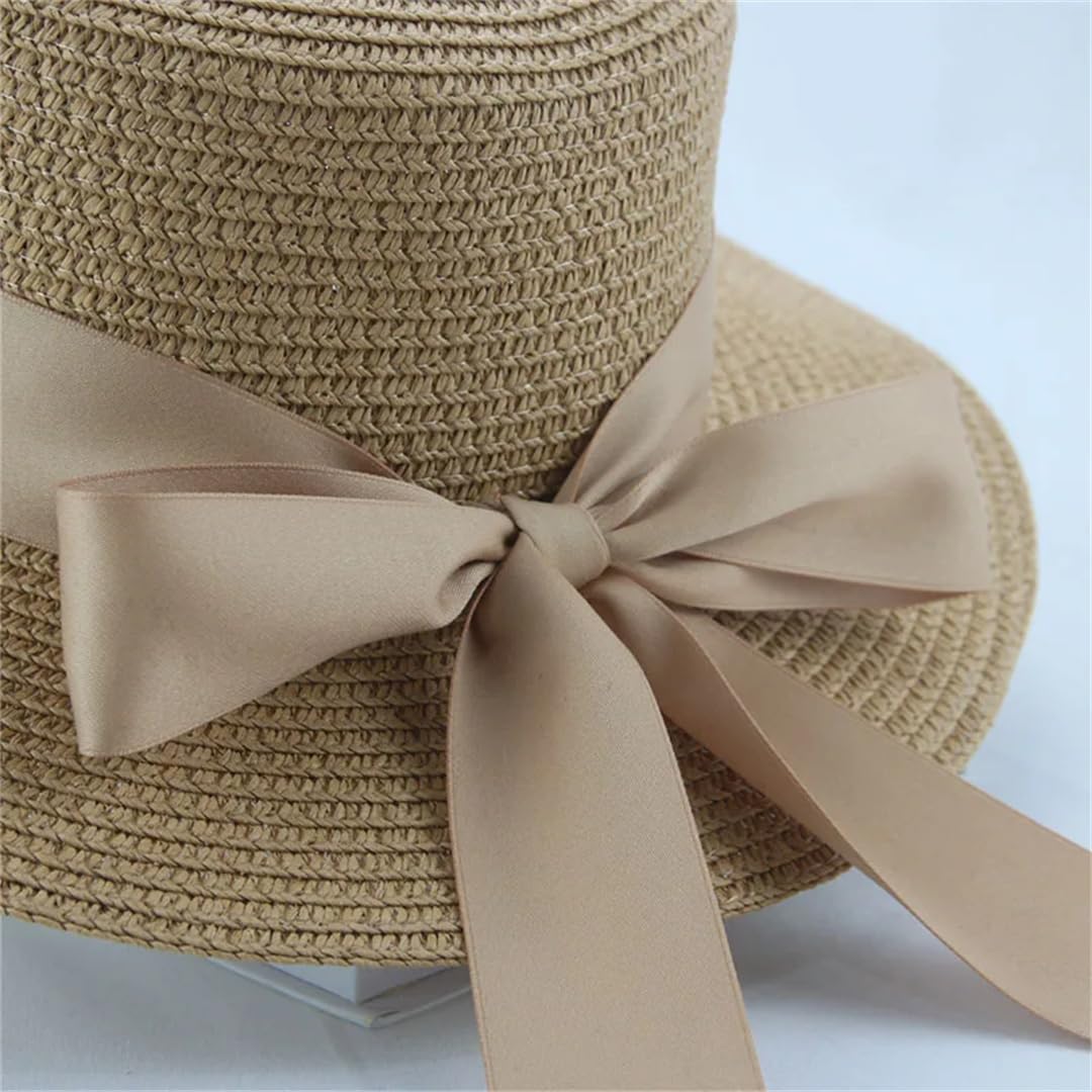 Yeuyyben Cappello da pescatore estivo da donna, cappello da spiaggia, cappelli di paglia per le donne con fiocco a nastro con parte superiore piatta elegante cappelli di paglia Sombrer