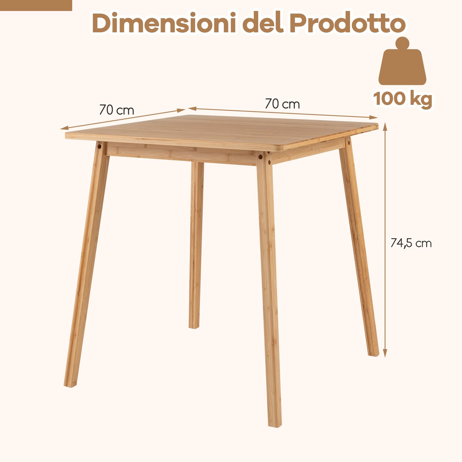 COSTWAY Tavolo da Pranzo in Bambù Ecologico per 4 Persone, Tavolo da Cucina Quadrato, Scrivania Stile Moderno, Tavolino per Spazi Piccoli, Sala da Pranzo, Soggiorno e Appartamento, 70 x 70 x 74,5 cm