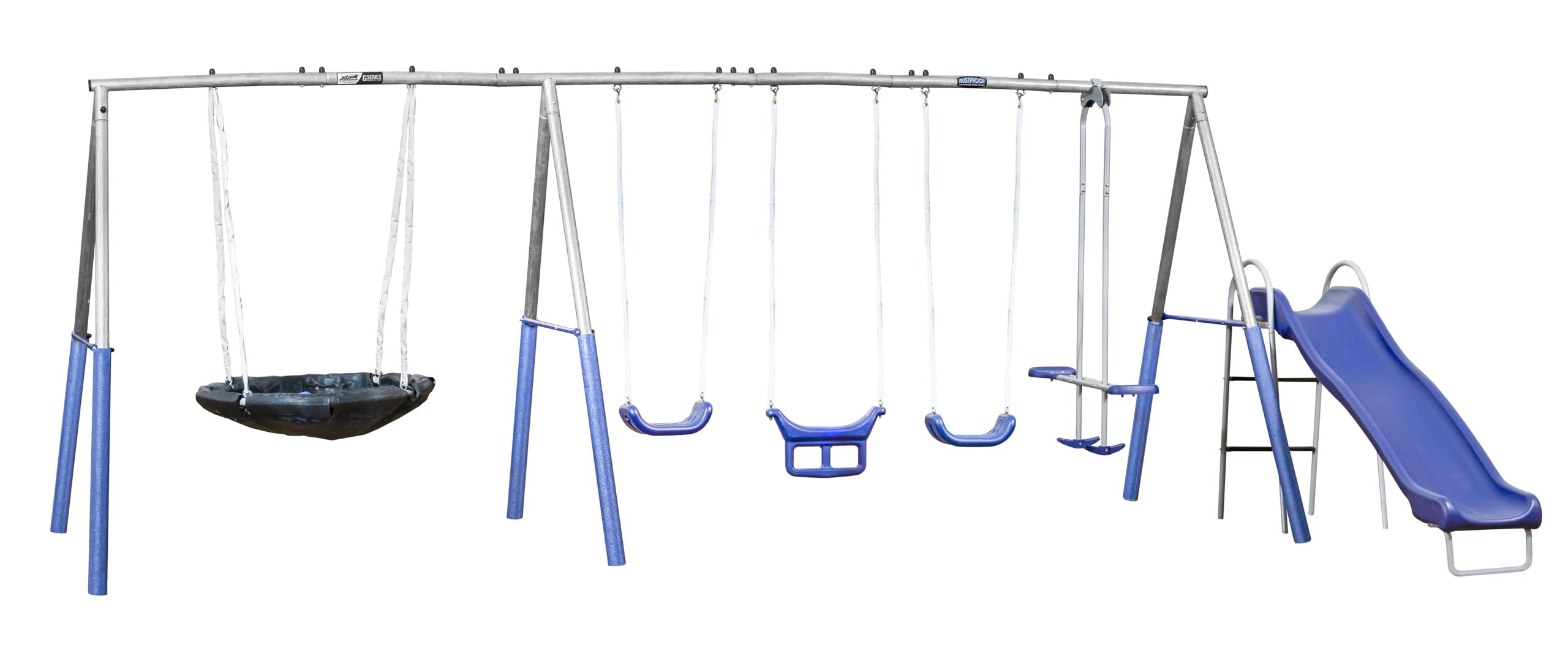 Fun Forever Plus with 6' Water Slide & Ground Tarp - 8 User / 6 Station Metal Backyard Play Swing Set. 192" L x 104" Deep x 74" H, by XDP Recreation