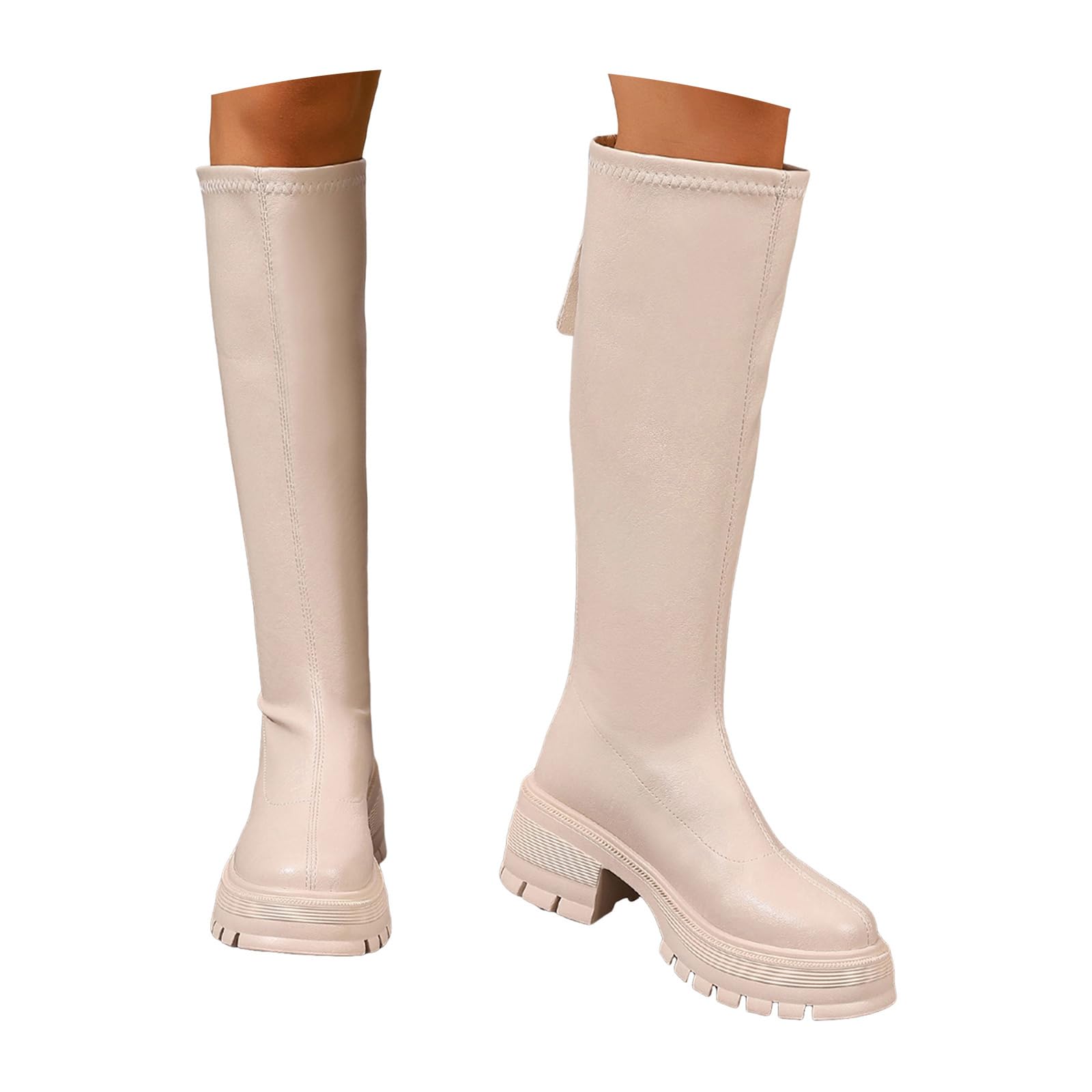 Womens Platform Knee High Boots Fashion Lug Sole Tall Riding Boot Comfortable Stretch Leather Wide Calf Dress Pull