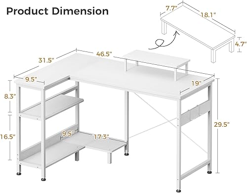 Miniatura 3 de ODK Escritorio pequeño en forma de L de 47 pulgadas con estantes de almacenamiento reversibles, escritorio esquinero en forma de L con soporte para