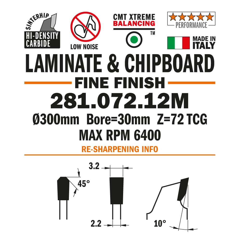 CMT Orange Tools 281.072.12M - Sierra Circular Laminado y Aglomerado HW 300x3.2/2.2x30 Z72 TCG 10pos