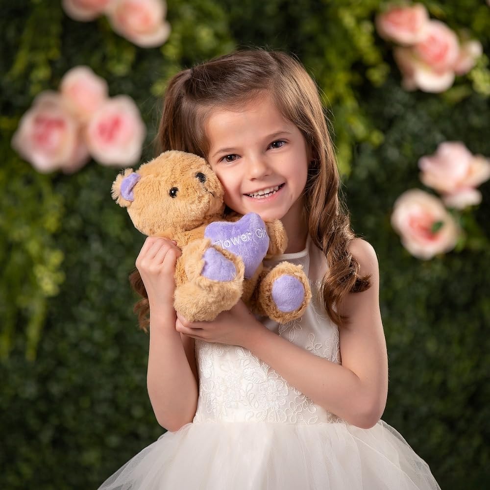 Fun Express Flower Girl Teddy Bear - Premium 8 Inch Stuffed Animal with Embroidered Purple Heart | Perfect Wedding Proposal Gift & Keepsake for Flower Girls from Bride