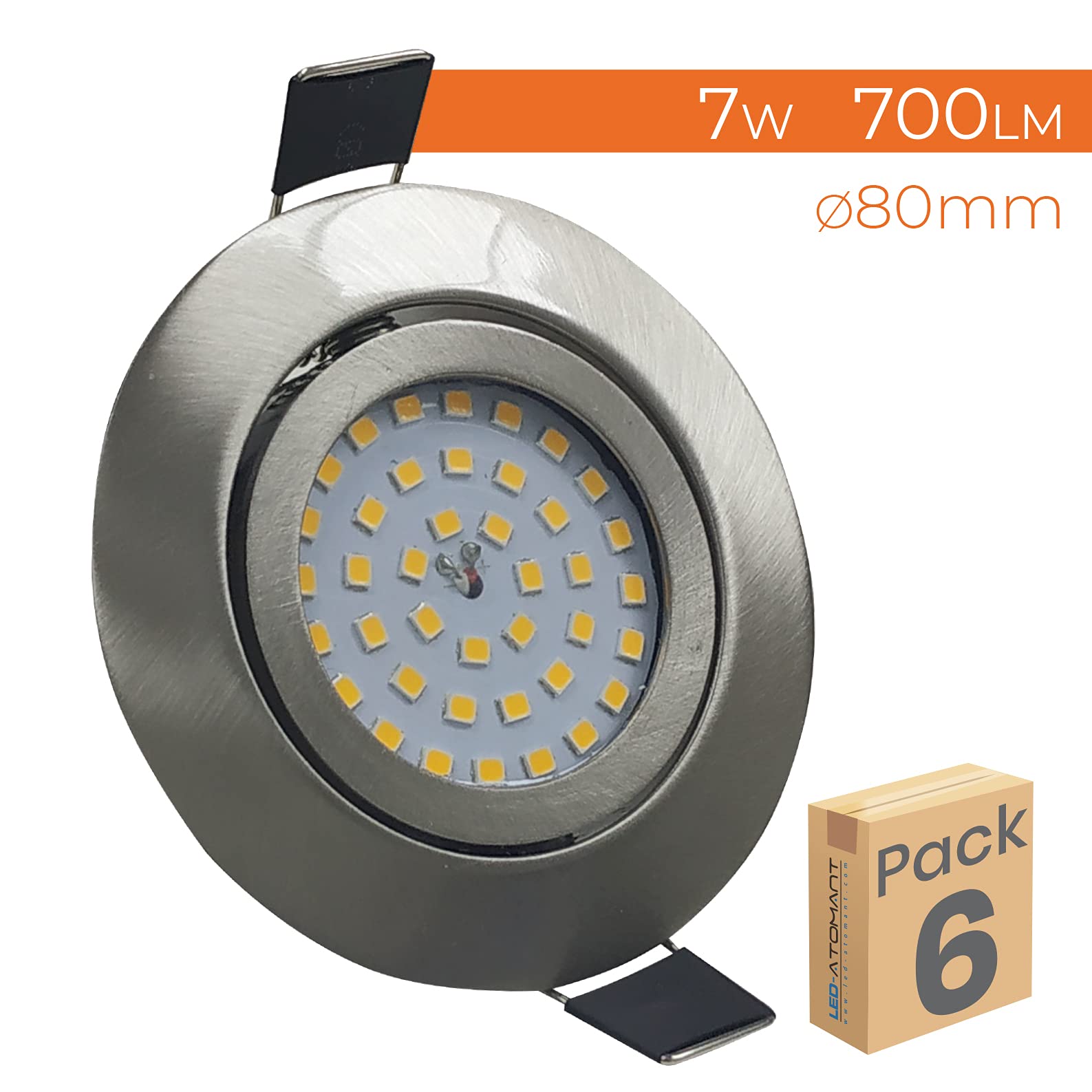LED ATOMANT 6x LED Einbaustrahler Edelstahl Ausschnitt 75mm 7W Warmweiß | 3000K, 700 Lumen, Ring aus poliertem Stahl, Direktanschluss an 220V