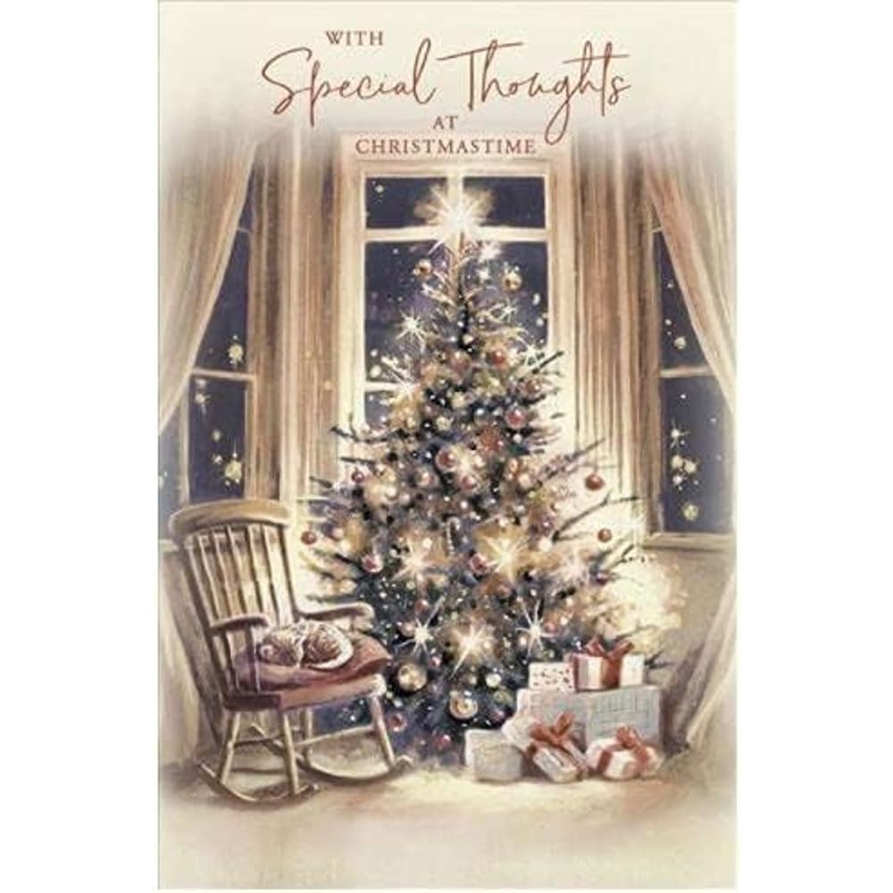 UK Greetings Christmas Card - Special Thoughts - Tree, Presents and Sleeping Cat