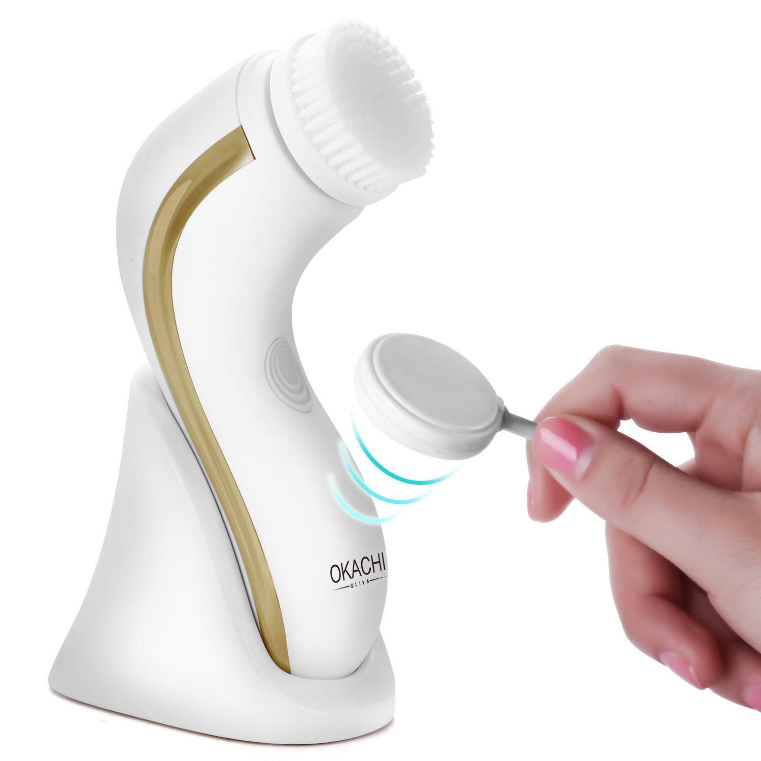 OKACHI GLIYA Cepillo Facial Limpiador Eléctrico con IPX7 Impermeable del Agua Exfoliante de Piel Limpieza Profunda con 2 Cabezales de Cepillo – Dorado