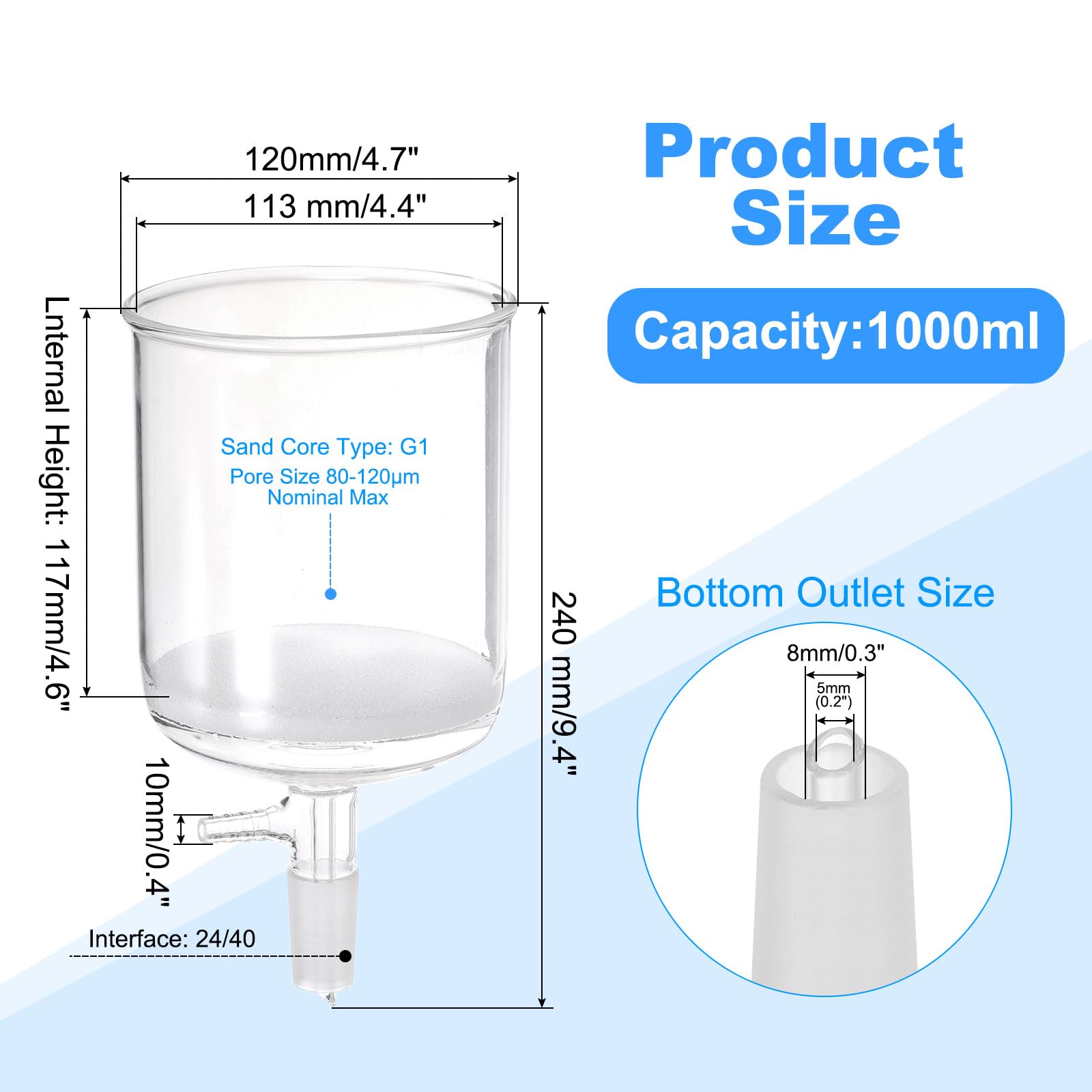 PATIKIL Imbuto Buchner, 1000ml Imbuto Filtro In Vetro Borosilicato Con Fritto Fine (G1), Attacco Interno Standard 24/40 Per Laboratorio,Trasparente, 113mm ID., 117mm Profondità