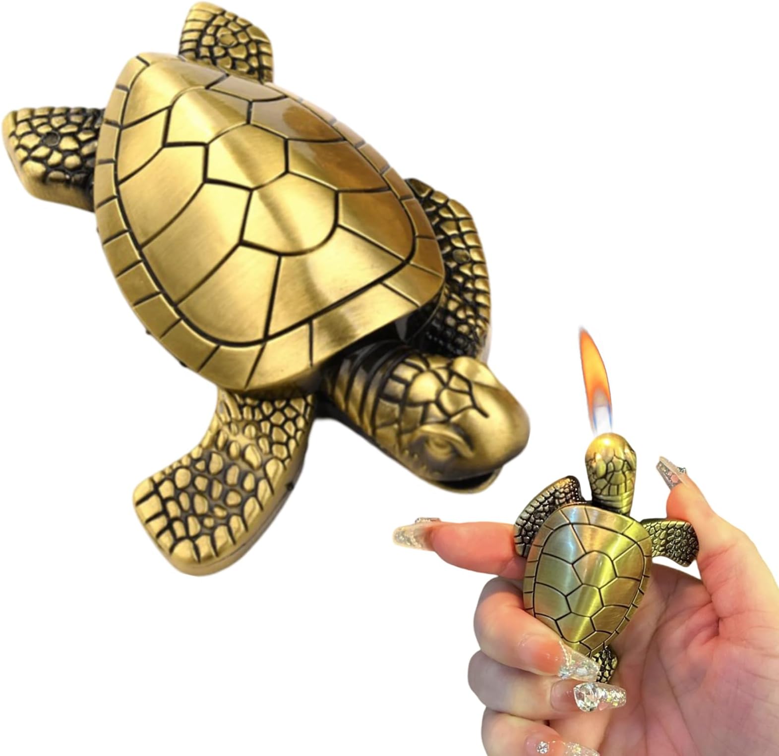 Creative Golden Turtle Desktop Torch Lighter - Portable Gas Lighter with Adjustable Soft Flame, Refillable (Without Butane) - Bronze Gold