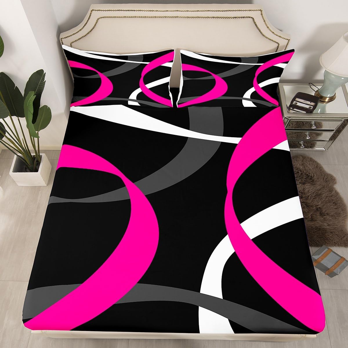 Pink Grey Black Fitted Sheet Full Size,Geometric Striped Bedding Set Abstract Artistic Bed Sheets 3Pcs for Kids Teens Women Girls Home Room Decor,Modern Style Deep Pocket Sheet,2 Pillowcases