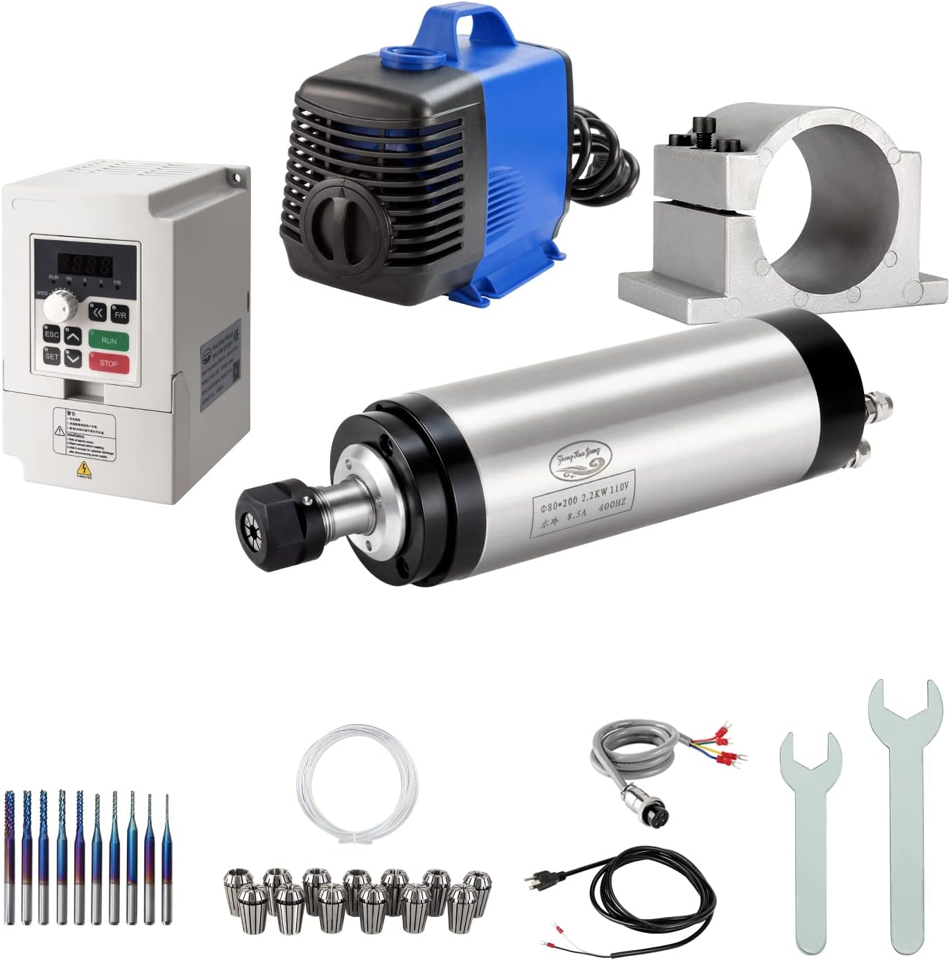 CNC Spindle Motor Kits,110V 2.2KW Water Cooled Spindle +110V 2.2KW VFD+Φ80mm Clamp Mount +Water Pump+ Water hose+13PCS ER20 Collet + Drill bits+ wire +wrenches for CNC Router machine