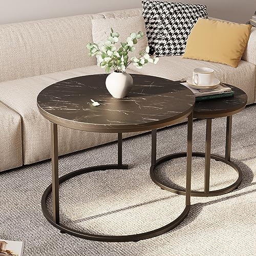 Image of aboxoo Round Nesting Coffee Table Side Set of 2 End Tables for Living Room Bedroom Balcony,Black Faux Marble Wooden Table 23.6IN Accent Large Coffee Table with Steel Frame