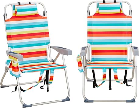 2 Pack Tall Beach Chairs for Adults, 5-Position Reclining Backpack Beach Chair with Cooler Pouch, Portable Lightweight Folding Aluminum Beach Chair with Cup Holder, Supports 220lbs, Rainbow Stripes