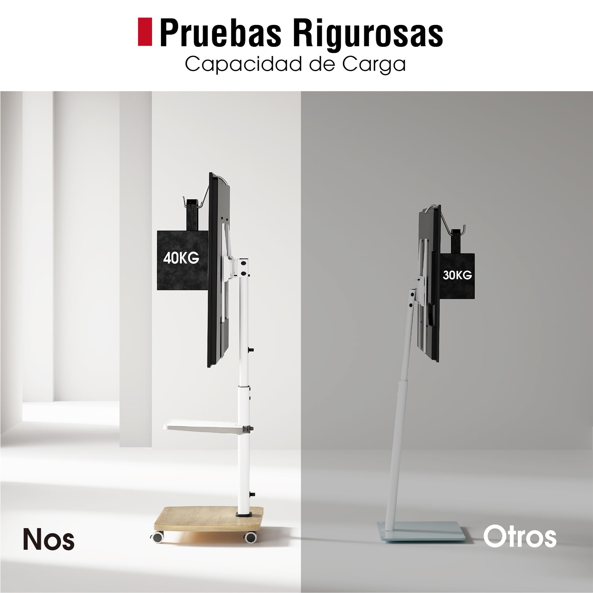 AOKCOS Soporte para TV móvil con ruedas con base y estante de madera para televisores de 32 a 65 pulgadas, soporte de piso para TV ajustable en altura y giratorio, hasta 40 kg máx. VESA 400 x 400 mm