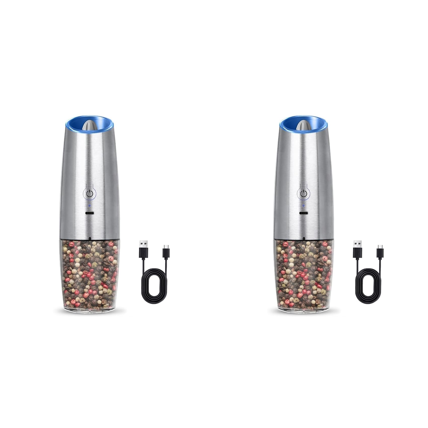 Vjsujehgy 2X Rechargeable Electric Salt and Pepper Grinder, Adjustable Electric Salt and Pepper Grinder Silver