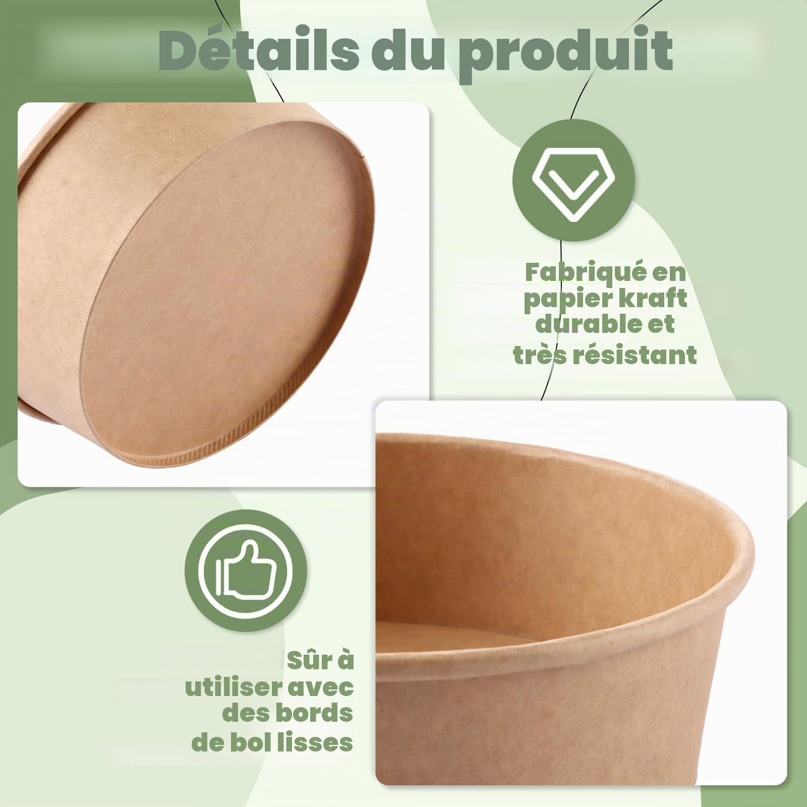 Lot de 100 Bo?tes Alimentaires en Carton Kraft 500 ML sans Couvercle, Barquette Frite Kraft 149x128x45mm, Récipient Emballage pour Restauration, Salade et Snack