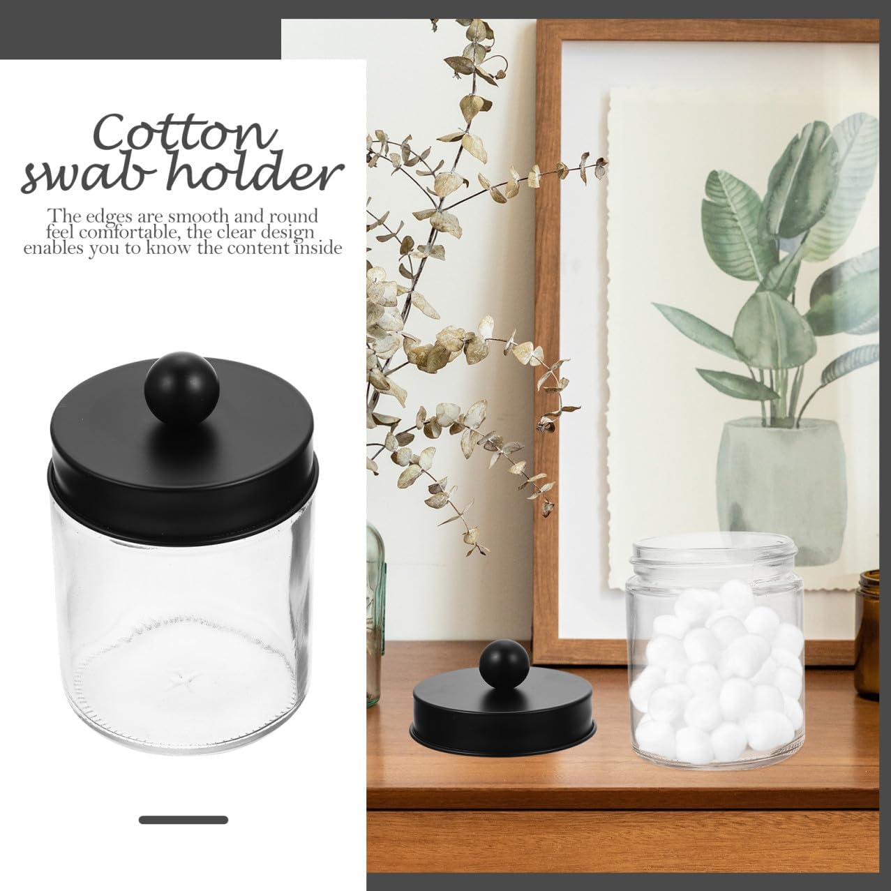 Luxshiny Glass Cotton Swab Dispenser and Cotton Ball Holder Set with Stainless Steel Black Lids, round Storage Jars for Bathroom and Vanity Organization, 3pcs