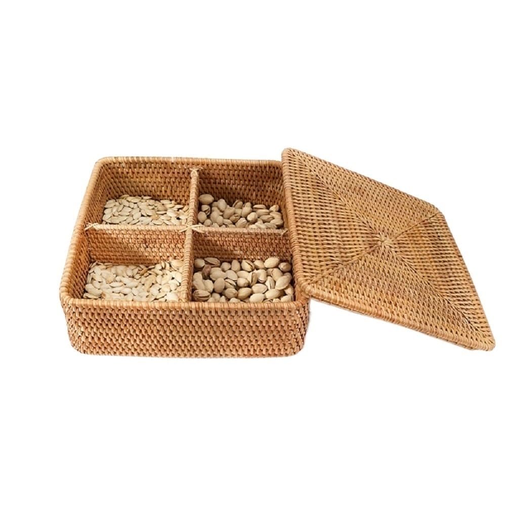 Cesta de Almacenamiento para Cocina, ratán otoñal, Mesa de Centro/Comedor con Plato Trenzado, Cuadrada con 4 Rejillas y Tapa.