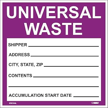 National Marker Corp. HW30SL25 Self-Laminating Labels, Universal Waste In Purple, 6 Inch X 6 Inch, PS Vinyl, 25/Pk