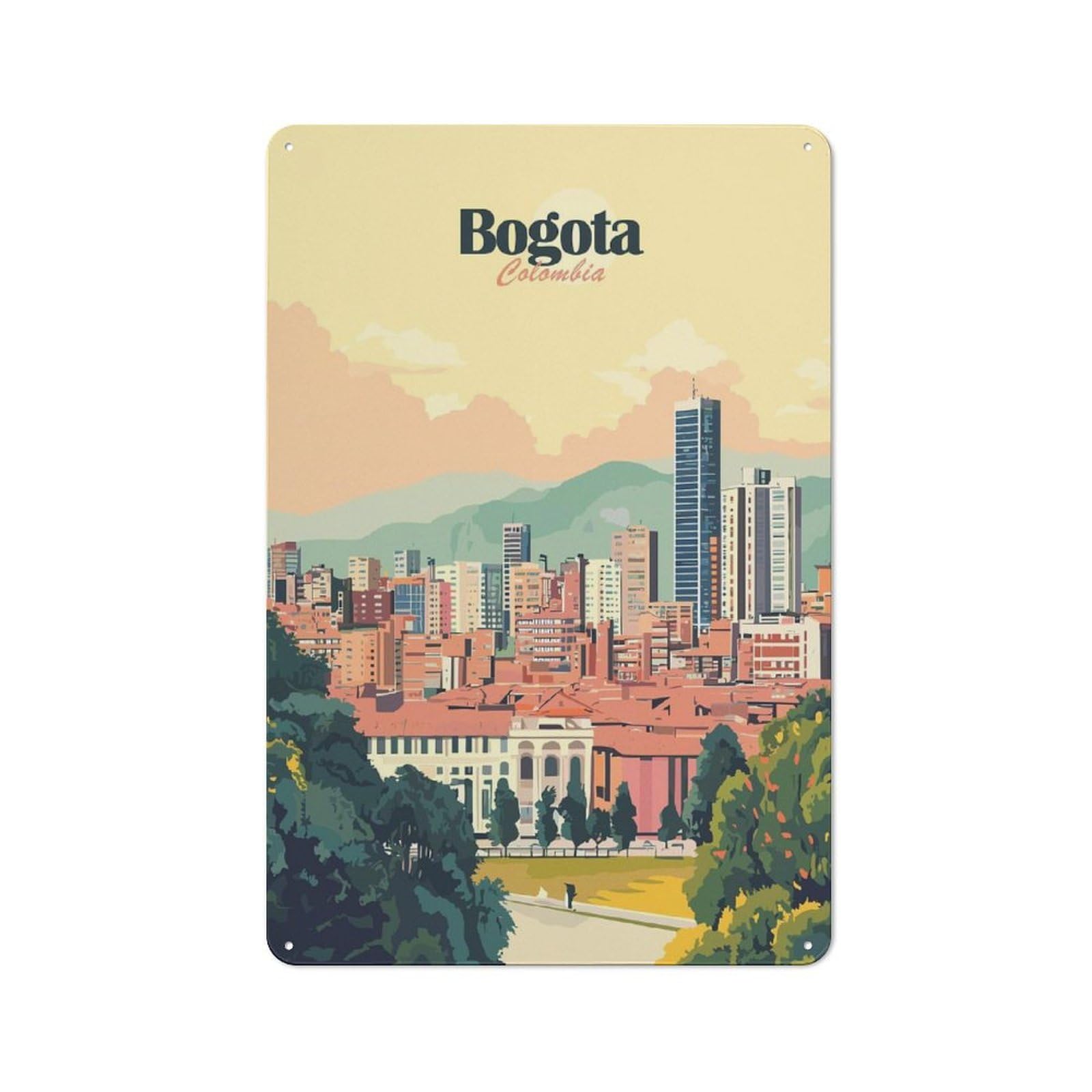 Junmoney Style-8 Metal Wall Sign 30X20cm Featuring Bogota Colombia Cityscape Illustration For Workshop Wall, For Room Styling Across Workshops And Hobby Rooms