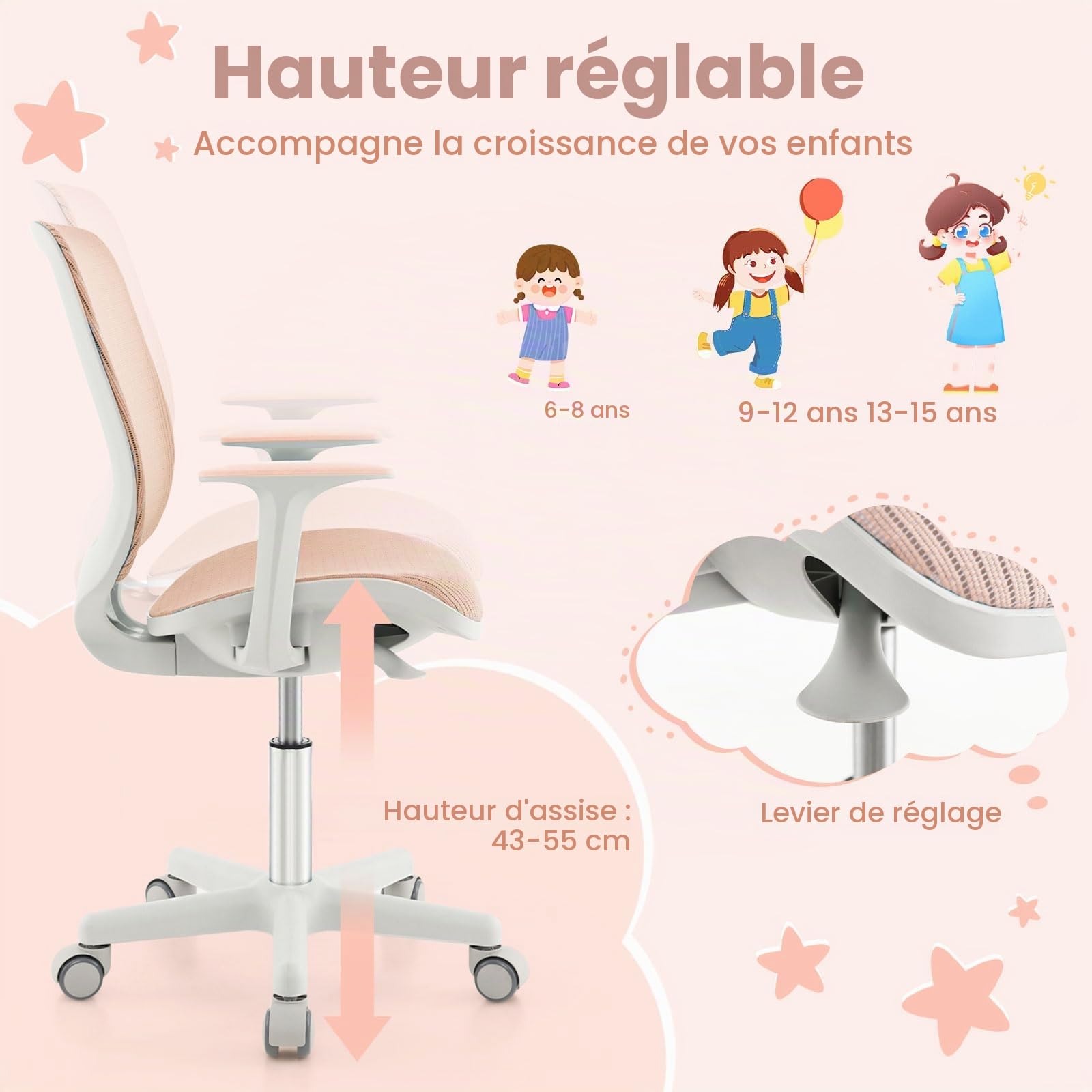 FANTASK Chaise de Bureau pivotante à 360 ° pour Enfant, Hauteur d'assise réglable en Hauteur de 43 à 55 cm, Rose