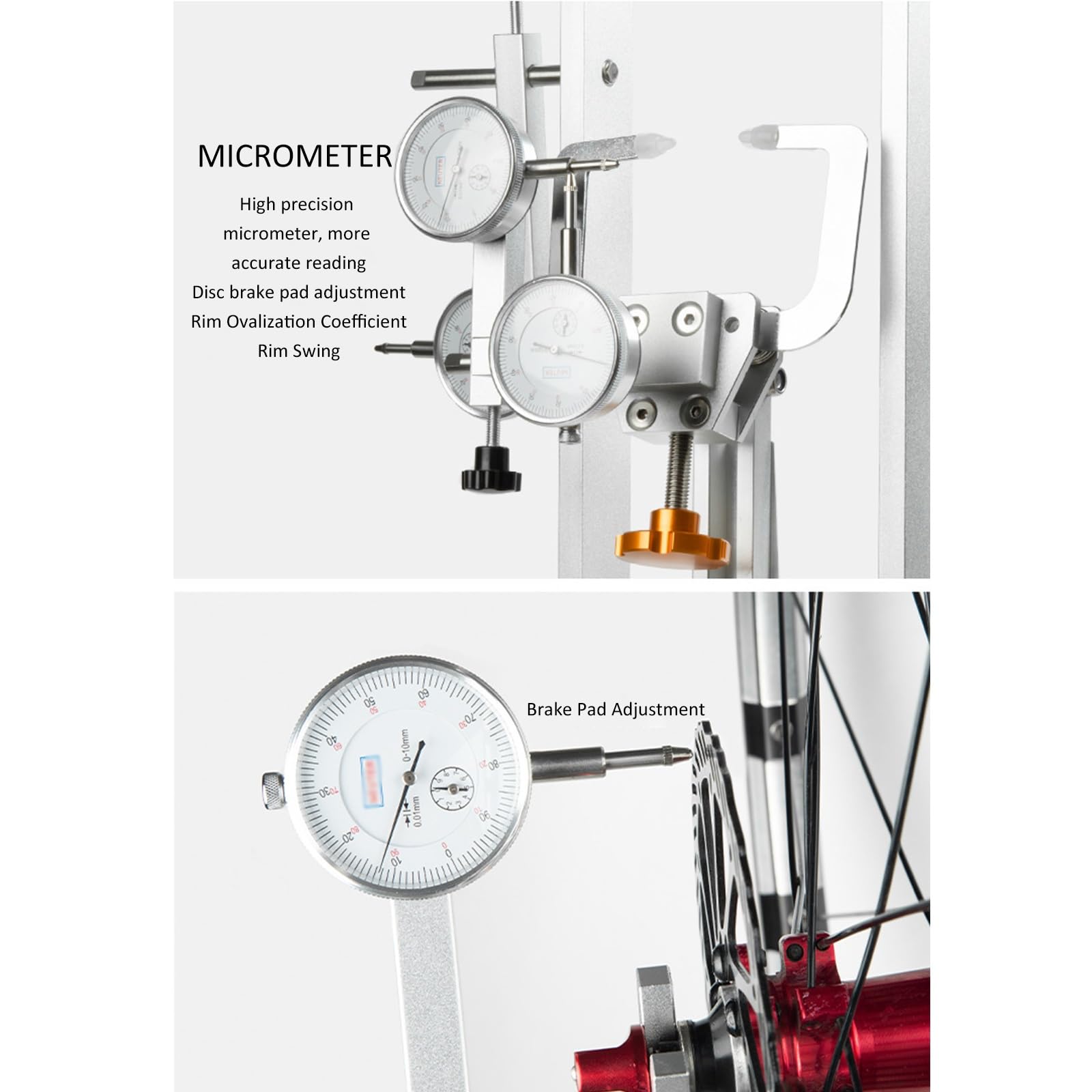 Centrador de Ruedas de Bicicleta, Centrador Profesional de Rodamientos con 3 Medidores y Caja de Almacenamiento, Herramienta de Reparación de Llantas y Neumáticos, Soporte Plegable